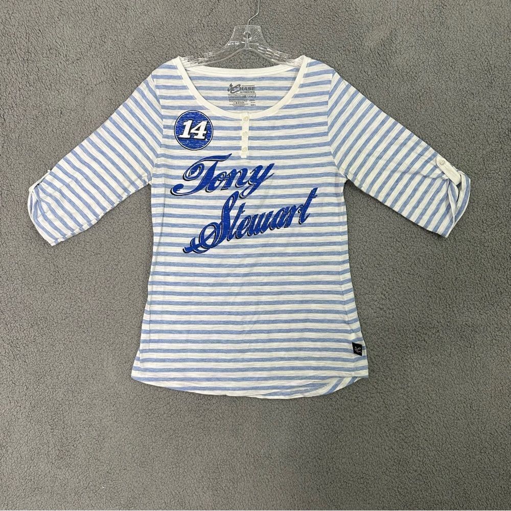 Tony Stewart Shirt Women L‎ White Blue Striped #14 NASCAR Chase Authentics Top